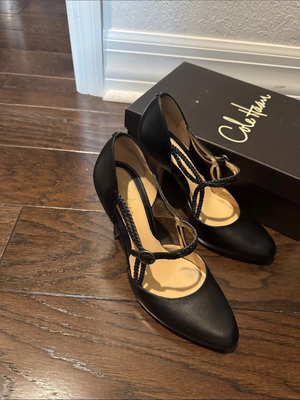 Cole Haan Ilysa Black Braided-Strap Mary Jane Heels 7B